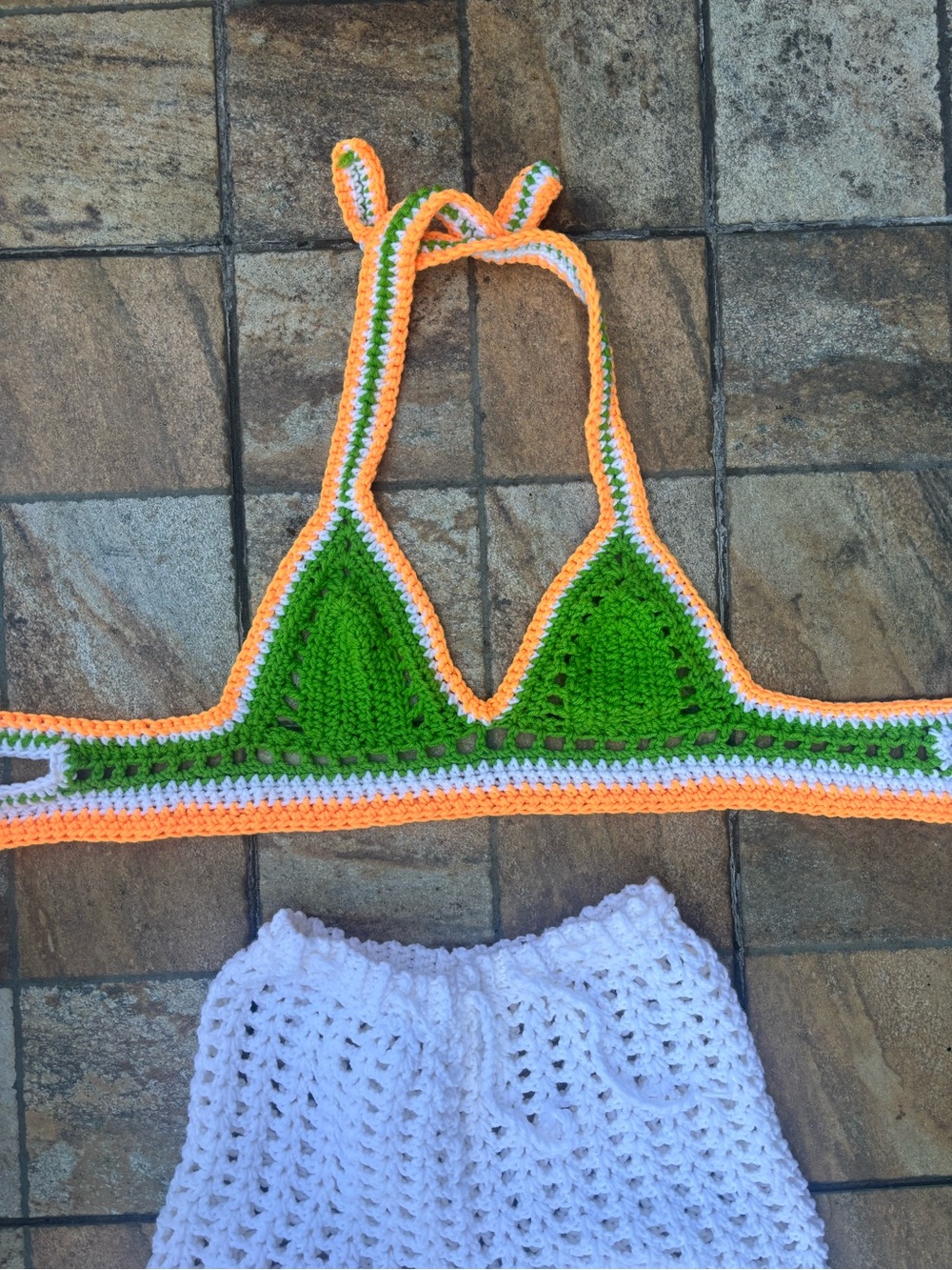 Handmade Crochet Bralette Top | Green, White & Orange 🧡